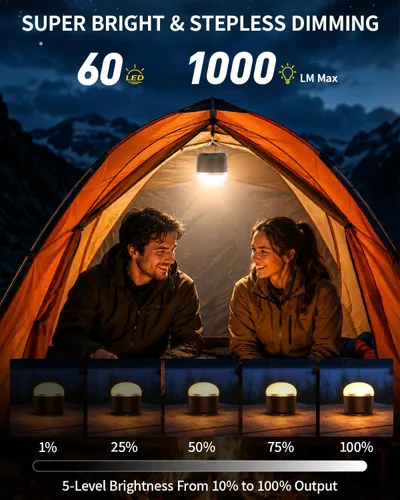 Miniatura 2 de Linterna de campamento recargable de 1000 lm, luz portátil compacta de 110 horas de funcionamiento con 5 niveles de brillo, base magnética, luz