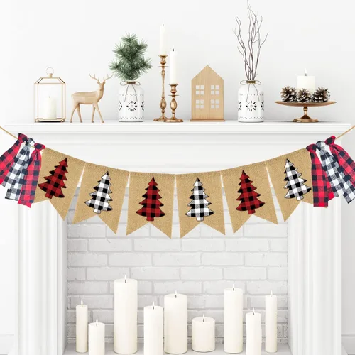 Doumeny Pancarta de arpillera a cuadros de Navidad con diseño de búfalo para árbol de Navidad, guirnalda vintage de feliz Navidad, guirnalda de
