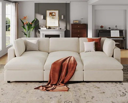Miniatura 28 de VANOMi Sofá modular, cómodo sofá con marco de madera maciza de 3 asientos, sofá moderno certificado FSC para sala de estar, beige