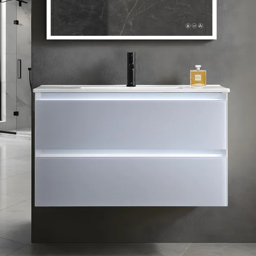 Miniatura 19 de Blossom Tocador de baño LED de 24 pulgadas – Tocador flotante montado en la pared con luces – 100% impermeable PVC de grado marino – Moderno