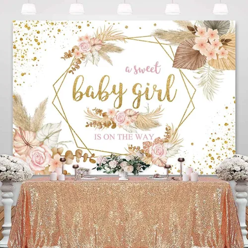 Miniatura 2 de Sensfun Telón de fondo bohemio para baby shower con texto en inglés "It's A Girl", fondo de fotografía de baby shower, rosa rubor, floral, hierba