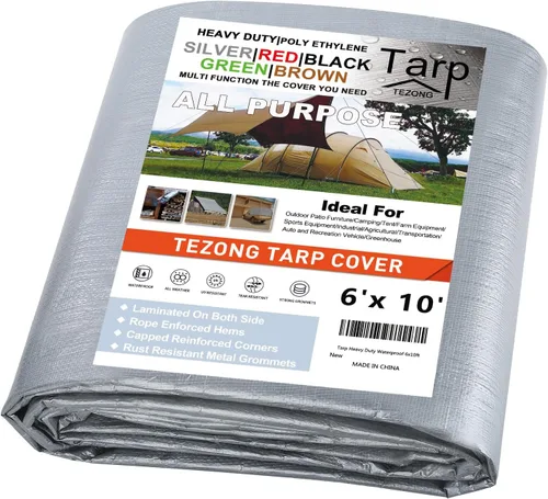 Miniatura 40 de Lonas resistentes impermeables de 4 x 5 pies, paquete de 2 lonas TEZONG negras de 0.472 in. de lona de plástico para exteriores para lluvia