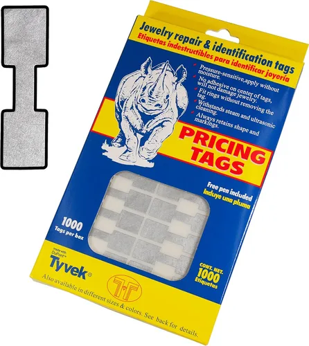 Miniatura 5 de Etiquetas de reparación de joyas, precio e identificación Rectángulo plateado 500pcs Tyvek autoadhesivo para anillos, pulseras, collares, colgantes