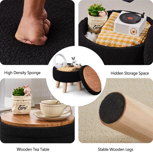 Miniatura 4 de Wimarsbon Otomana de almacenamiento, moderno reposapiés redondo con asiento acolchado suave, reposapiés de terciopelo teddy con patas de madera