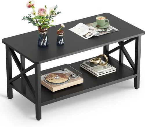 Miniatura 9 de WLIVE Mesa auxiliar para sala de estar, mesa central moderna de 2 niveles de 39 pulgadas con esquinas redondas, estante de almacenamiento, mesa