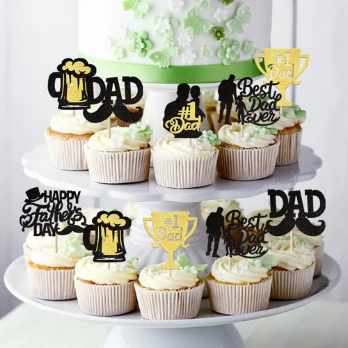 Miniatura 5 de Paquete de 24 adornos para cupcakes con purpurina para el Día del Padre, con purpurina para el mejor papá del mundo, sombrero de bigote #1