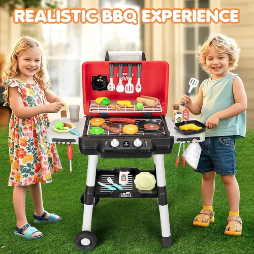 Miniatura 6 de Juguetes de cocina para niños, juego de barbacoa para niños con luz de sonido ahumado, juguete de barbacoa de 2 capas con ruedas, juguetes de comida