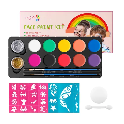 Miniatura 10 de Maydear Kit de Pintura Facial para Niños, Paleta de Maquillaje a Base de Agua de 32 Colores con Plantillas, Brillos, Pastel de Arcoíris Dividido