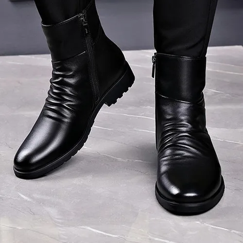 Miniatura 6 de Botines de vestir de cuero negro para hombre, botas cortas casuales de negocios con cremallera para otoño e invierno 2023