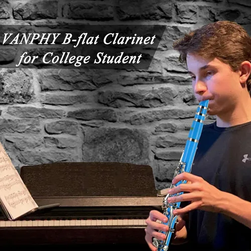 Miniatura 7 de Clarinete BB para estudiantes principiantes Clarinete plano B Clarinete de 17 teclas con correa de soporte de estuche, 2 barriles, 8 boquillas, Azul