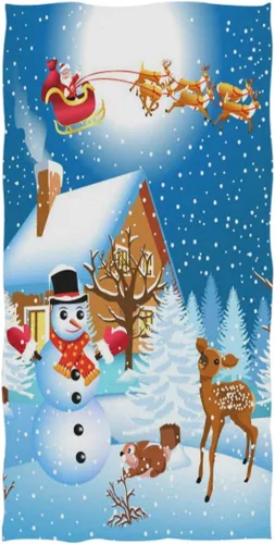 Naanle Toalla de baño suave con estampado de casa de muñeco de nieve de Papá Noel, diseño de Navidad, altamente absorbente, multiusos, para baño,
