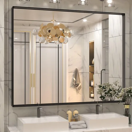 Keonjinn Espejo grande de baño negro de 48 x 40 pulgadas, espejo de tocador de baño para pared, espejos con marco de metal de gran tamaño para sobre