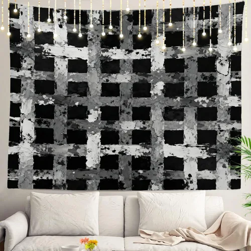 Shrahala Tapiz de pared negro grunge, monocromático para colgar en la pared, tapiz grande decorativo de fibra de poliéster, dobladillo blanco Ethnic