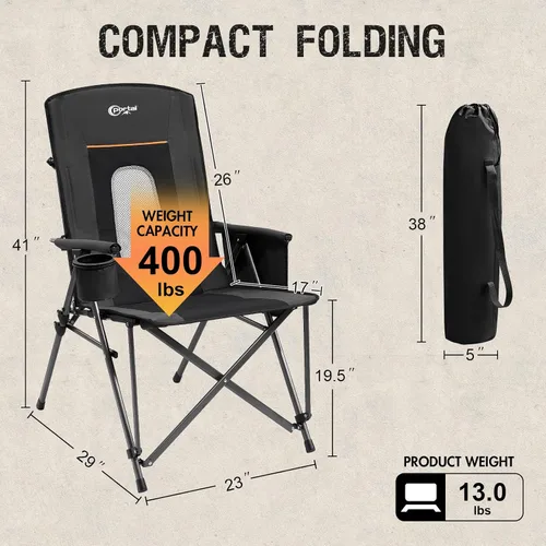 Miniatura 3 de PORTAL Silla de camping plegable extra grande con respaldo alto, sillas de césped portátiles para adultos, deportes al aire libre con apoyabrazos