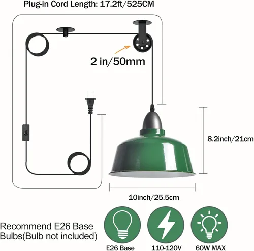 Miniatura 7 de Lámpara Colgante Enchufable, Luces Colgantes de Granja Verdes con Cable Enchufable, Lámpara Colgante de Polea, Accesorio de Luces Colgantes