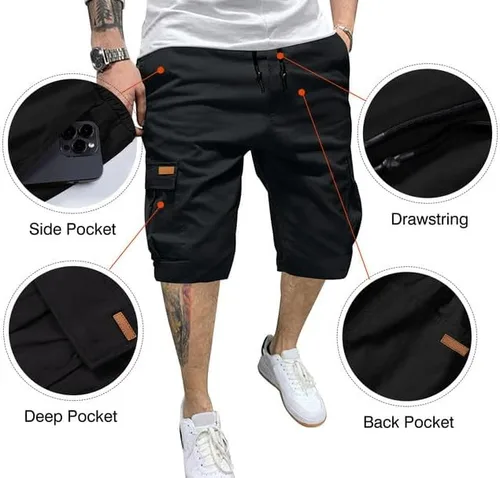 Miniatura 7 de JMIERR Pantalones cortos de sarga para hombre con cordón de algodón clásico elástico con 6 bolsillos