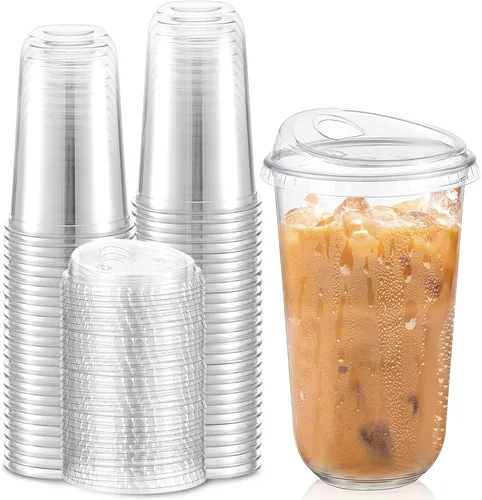 Miniatura 14 de Baderke 100 Vasos de Plástico con Tapas para Sorber Fondo Redondo Vasos de Café de Plástico Desechables con Tapas Tazas de Cristal Transparentes sin