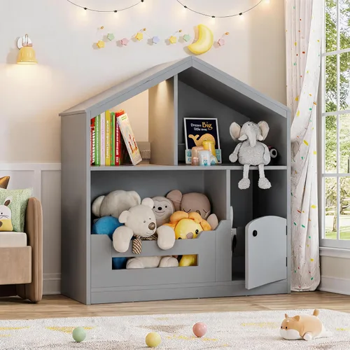 GAOMON Estantería para niños, organizador de almacenamiento de juguetes con tapa abatible y cubículo, estanterías de madera para niños aptas para