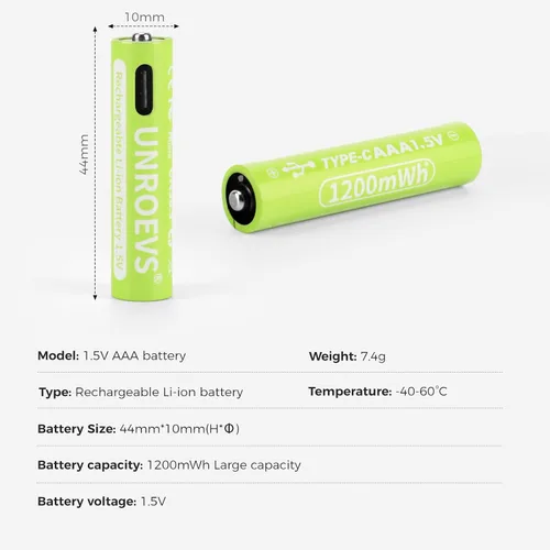 Miniatura 4 de UNROEVS Baterías recargables AAA USB-C, 1.5 V 1200 mWh, batería de litio AAA recargable triple A, larga duración, carga rápida para linternas
