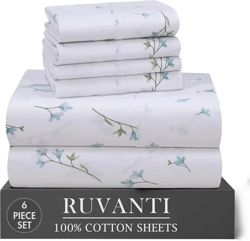 Miniatura 8 de RUVANTI 6 Piezas Sábanas de Algodón - 100% Algodón Natural Suave, Ligeras y Transpirables Sábanas de Percal Crujiente, Sábanas de Cama Tamaño Full