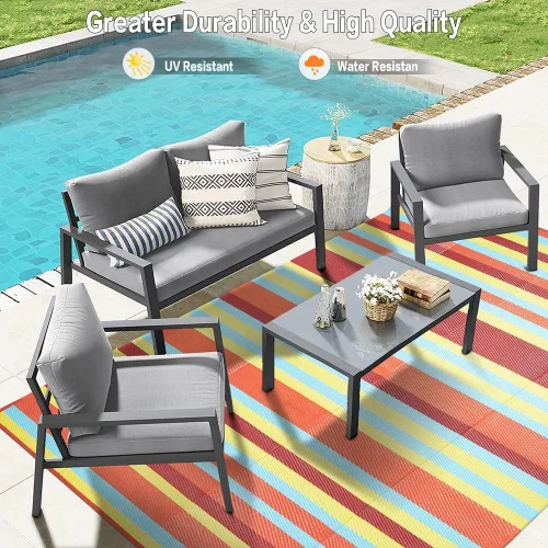 Miniatura 4 de HUGEAR Alfombra Impermeable para Exteriores 5'x8' Alfombras de Paja de Plástico Lavable Reversible Tapete de Piso a Rayas Arcoíris para Camping