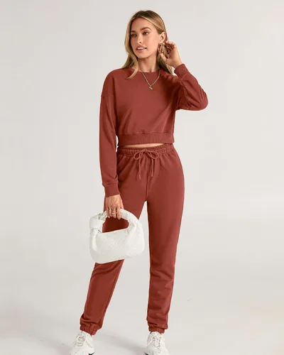 Miniatura 23 de BTFBM Conjunto deportivo de 2 piezas para mujer, camiseta corta de manga larga, sin botones, pantalón con cordón ajustable, pantalones deportivos