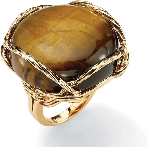 Miniatura 4 de Anillo de almohada de ojo de tigre marrón genuino chapado en oro amarillo de 14 quilates