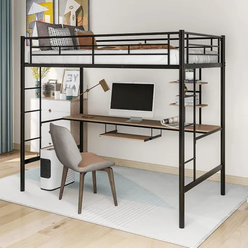 Miniatura 3 de Majnesvon Cama tipo loft de tamaño individual, cama alta con escritorio y estantes de almacenamiento, cama alta de metal tamaño individual