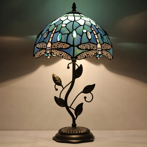 Tiffany - Lámpara de mesa con diseño de libélula azul, lámpara de mesa con vitrales, lámpara de lectura para escritorio, mesita de noche, 12 x 12 x