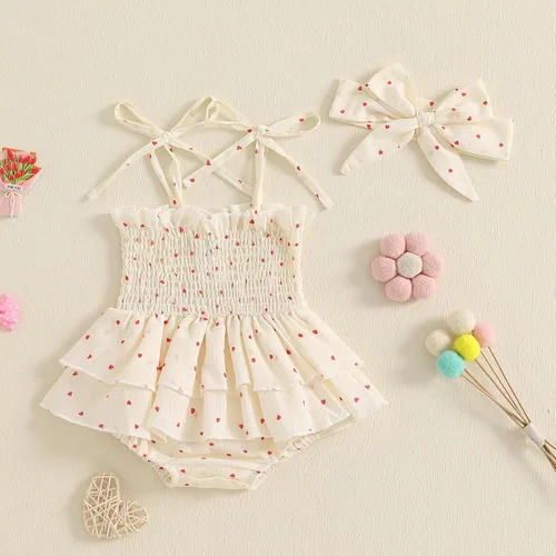 Miniatura 64 de Mameluco para bebés y niñas de 3, 6, 9, 12, 18 meses, enterizo de manga corta, fruncido, faldas y dobladillo, diadema