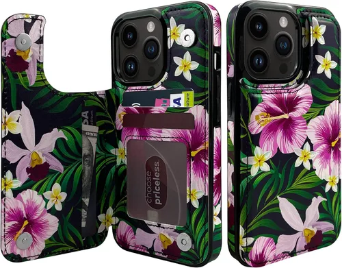 Miniatura 8 de Funda de piel con tapa para tarjetas compatible con iPhone 13 Pro de 6.1 pulgadas, para mujeres y niñas, con tarjetero y función atril, doble cierre