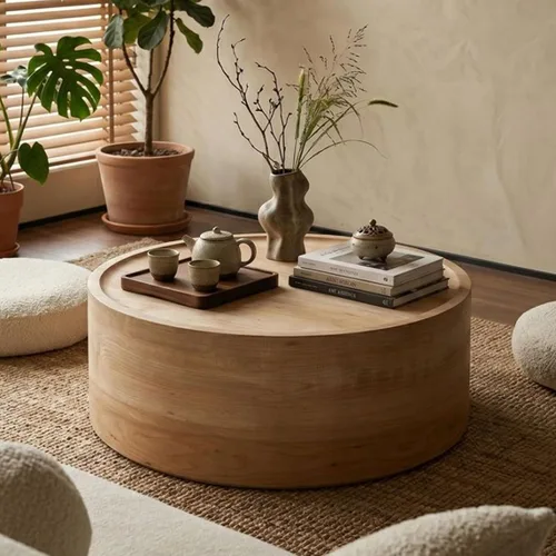 Miniatura 21 de JUSTONE Mesa de Centro Redonda para Sala de Estar, Mesa de Acento Moderna de 31.5 Pulgadas con Acabado de Piedra Artificial Beige Desgastado, Mesa