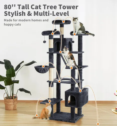 Miniatura 6 de Made4Pets - Árbol alto para gatos, torre de árbol para gatos de interior grande y adulto, torre moderna para gatos con poste rascador, hamaca