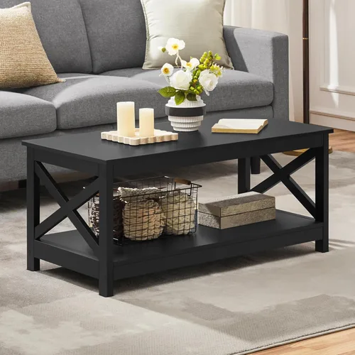 Yaheetech Mesa de centro negra de madera de 2 niveles con estante de almacenamiento para sala de estar, mesa de cóctel con diseño en X, muebles para