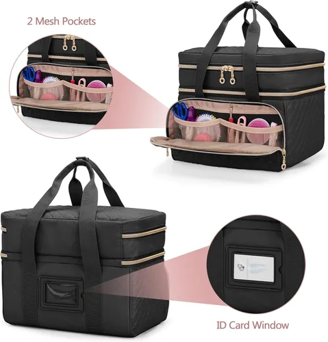 Miniatura 4 de YARWO Organizador de suministros de costura de doble capa con 5 divisores personalizados, bolsa de almacenamiento portátil para accesorios de Negro