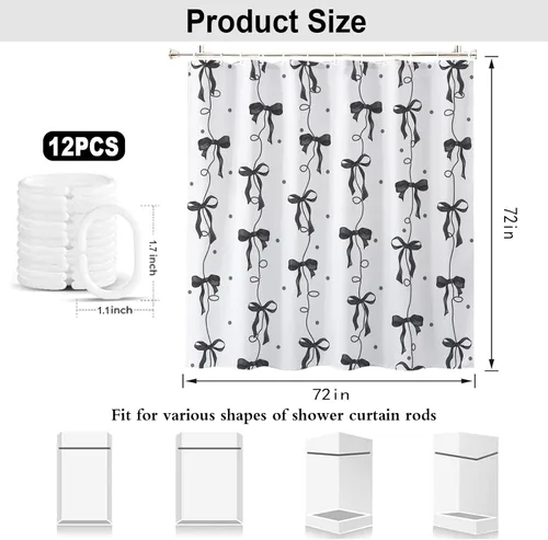Miniatura 6 de Cortina de ducha con lazo negro, bonita cortina de ducha coqueta estética para adolescentes y niñas, decoración de tela impermeable con 12 ganchos