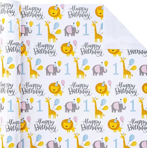 Miniatura 2 de WRAPAHOLIC Papel de regalo de primer cumpleaños, mini rollo, 17 pulgadas x 9.8 pies, bonito papel de regalo de animales para niños, niñas, niños