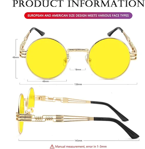 Miniatura 7 de AIEYEZO Gafas de sol redondas steampunk Circle Lennon Hippie, marco de metal, lente de bloqueo UV 100%