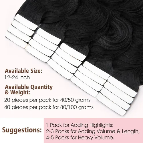 Miniatura 5 de Hairro Extensiones de cabello humano adhesivas de 22 pulgadas de largo, ondulado, #1 negro azabache #1, 1.76 onzas, pegamento de trama de piel fina