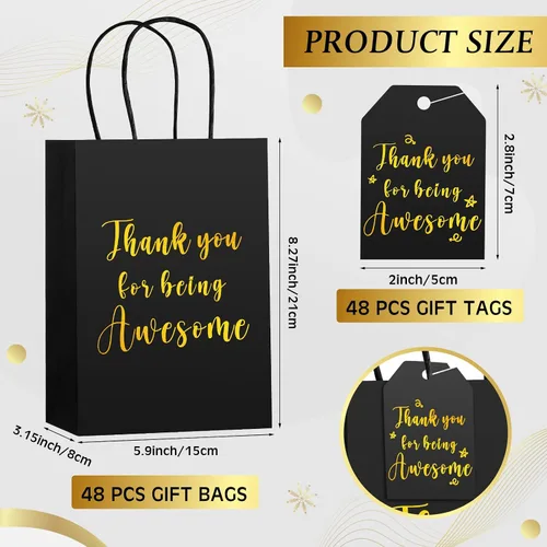 Miniatura 2 de Fulmoon 48 bolsas pequeñas de regalo de agradecimiento con asas de 8.27 x 3.15 x 5.9 pulgadas, bolsas de papel kraft con 50 etiquetas