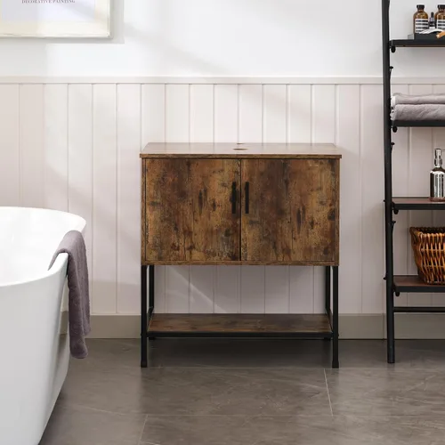 Miniatura 32 de UEV Tocador de Baño de Roble Rústico de 24" con Lavabo, Conjunto de Gabinete de Baño con Marco de Hierro Industrial con Puertas y Estante, con Combo