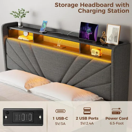 Miniatura 4 de Rolanstar Marco de cama tamaño completo, cabecera con almacenamiento con estación de carga y luces LED, cama tapizada con listones de madera Gris
