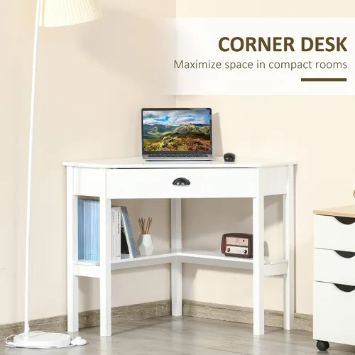 Miniatura 5 de HOMCOM Escritorio esquinero, escritorio triangular para computadora con cajón y estantes de almacenamiento para espacios pequeños, estación