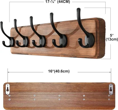 Miniatura 6 de SKOLOO Perchero rústico montado en la pared con distancia de orificio de montaje de 16 pulgadas, gancho de madera maciza de pino, 5 ganchos