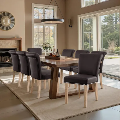 Miniatura 10 de CHUN YI Juego de 4 sillas de comedor tapizadas de piel sintética con ribete de cabeza de clavo y patas de madera, sillas laterales Parsons modernas