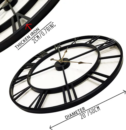 Miniatura 2 de Reloj de pared grande de 20 pulgadas para decoración del hogar para sala de estar, relojes de arte de hierro sin tictac, números romanos, metal Negro