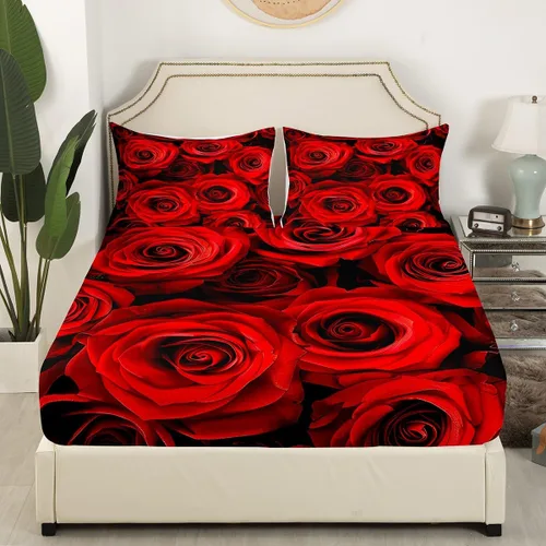 Miniatura 4 de Juego de sábanas de rosas rojas, tamaño individual, juego de sábanas florales de color rojo degradado y negro para niñas, mujeres, niños