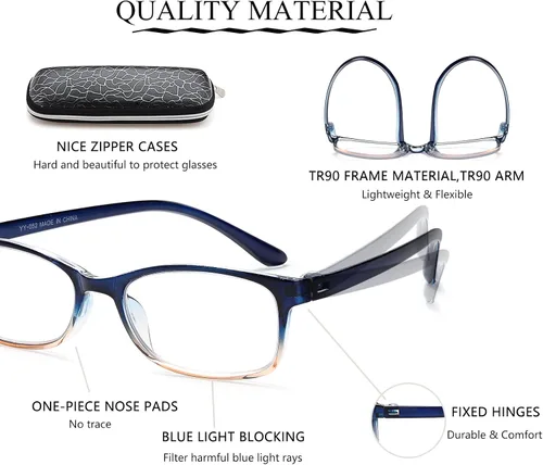 Miniatura 7 de EYEURL Lentes de lectura con bloqueo de luz azul, 0.00 lectores de computadora para mujeres y hombres, marco rectangular ligero TR90 antifatiga