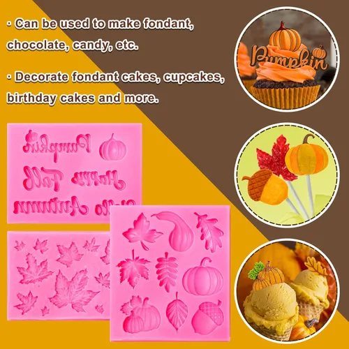 Miniatura 4 de Whaline Paquete de 3 moldes de fondant de otoño, calabaza, hojas de arce, moldes de silicona de resina de caramelo de otoño para hornear chocolate