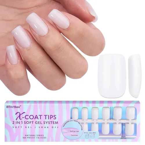 BTArtboxnails Puntas de uñas de gel cuadradas cortas – Puntas de uñas de gel suave color blanco lechoso precoloreadas, uñas blancas lechosas a